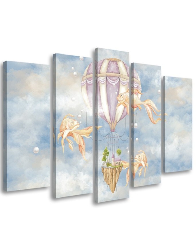 Canvas prints for children 5 parts - Hot air balloon flying house and fish | FEEBY