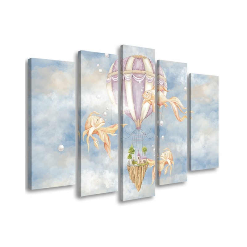 Canvas prints for children 5 parts - Hot air balloon flying house and fish | FEEBY