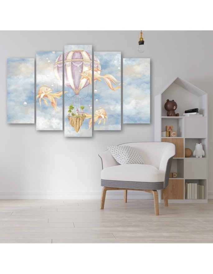 Canvas prints for children 5 parts - Hot air balloon flying house and fish | FEEBY