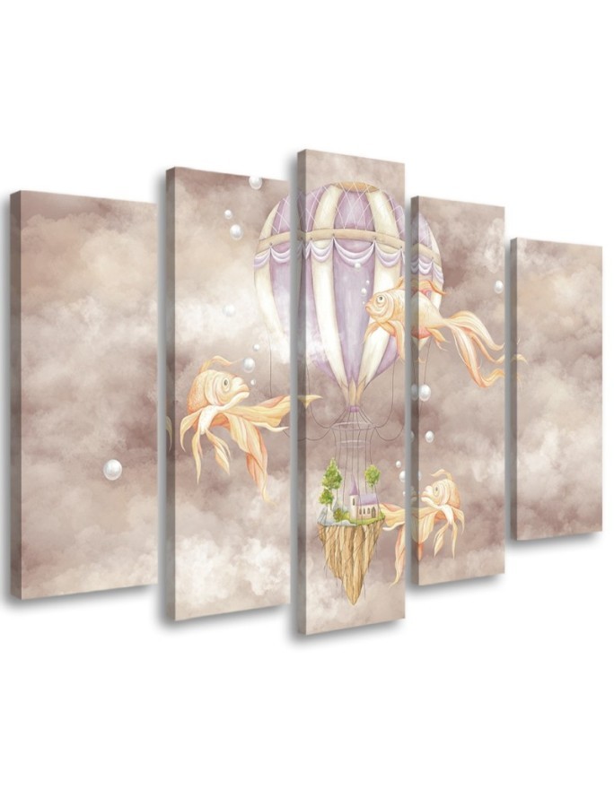 Canvas prints for children 5 parts - Hot air balloon flying house and fish | FEEBY
