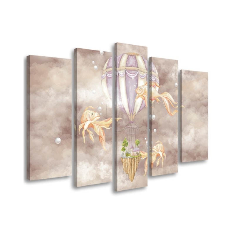 Canvas prints for children 5 parts - Hot air balloon flying house and fish | FEEBY