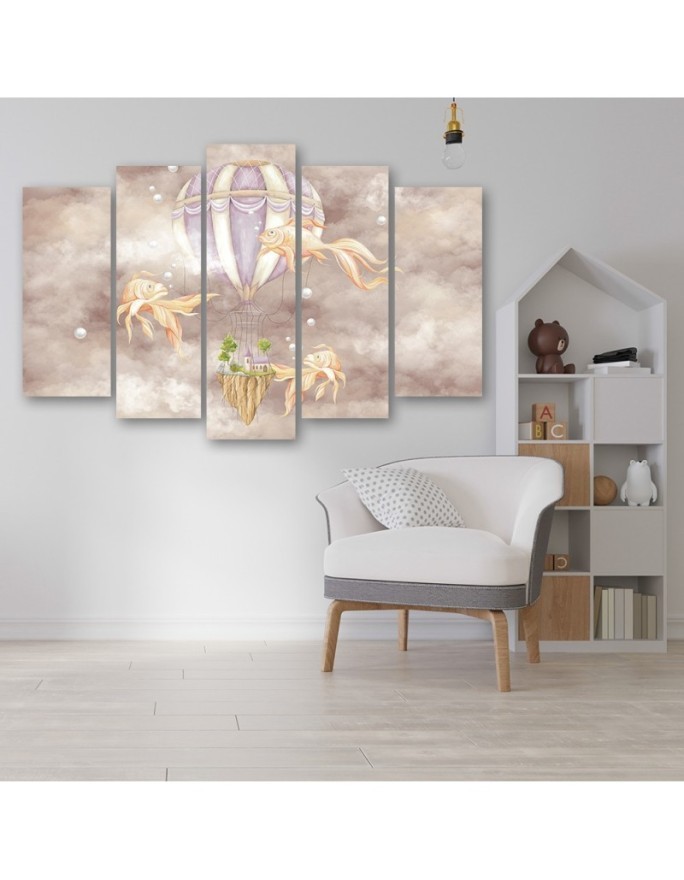Canvas prints for children 5 parts - Hot air balloon flying house and fish | FEEBY