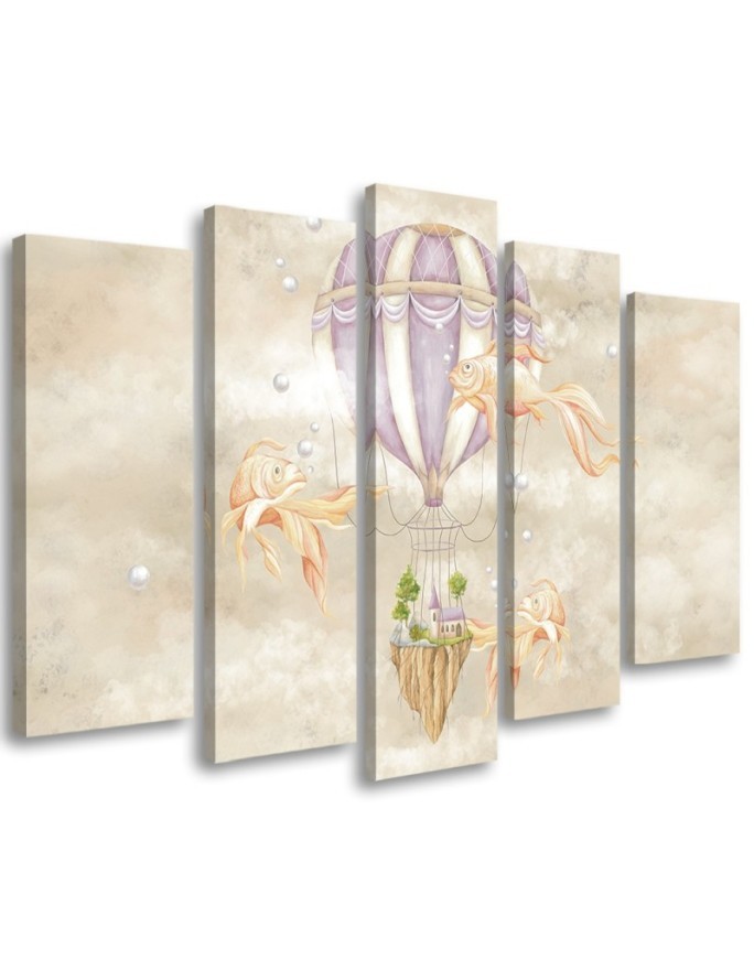 Canvas prints for children 5 parts - Hot air balloon flying house and fish | FEEBY