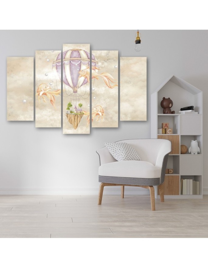 Canvas prints for children 5 parts - Hot air balloon flying house and fish | FEEBY