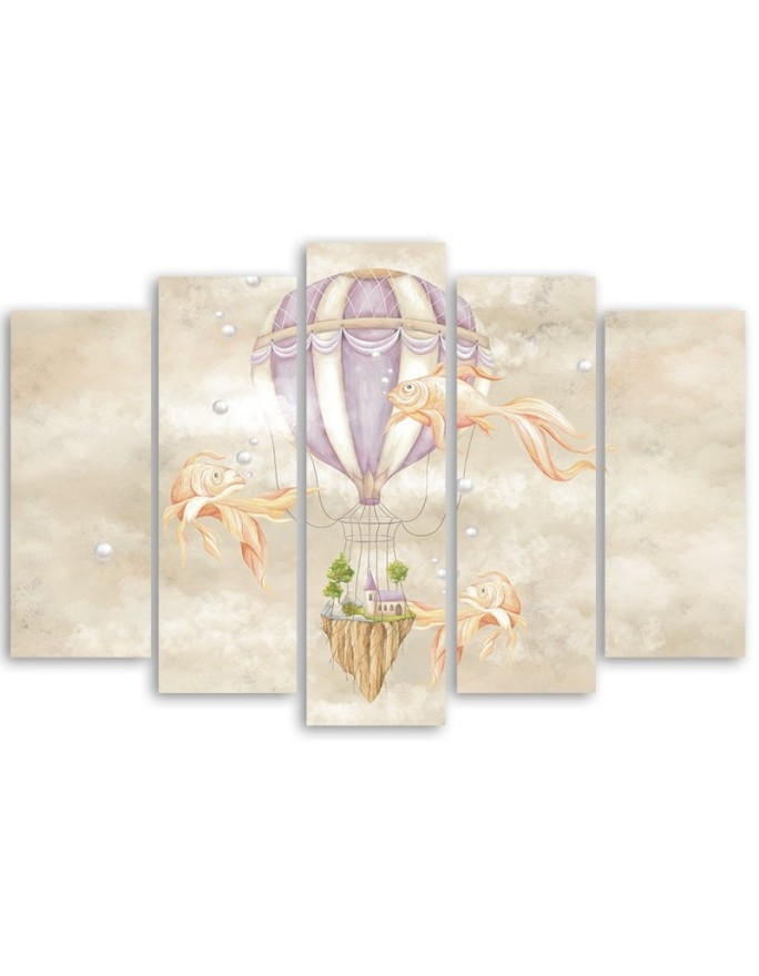 Canvas prints for children 5 parts - Hot air balloon flying house and fish | FEEBY