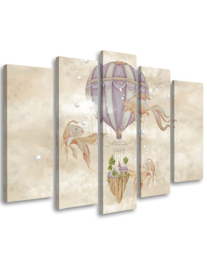 Canvas prints for children 5 parts - Hot air balloon flying house and fish | FEEBY