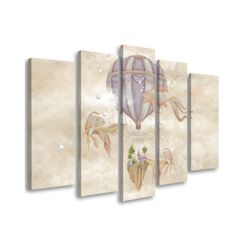 Canvas prints for children 5 parts - Hot air balloon flying house and fish | FEEBY