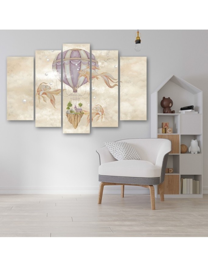 Canvas prints for children 5 parts - Hot air balloon flying house and fish | FEEBY