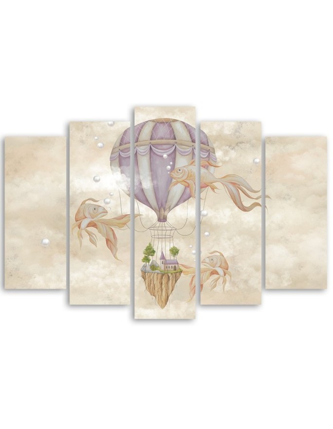 Canvas prints for children 5 parts - Hot air balloon flying house and fish | FEEBY