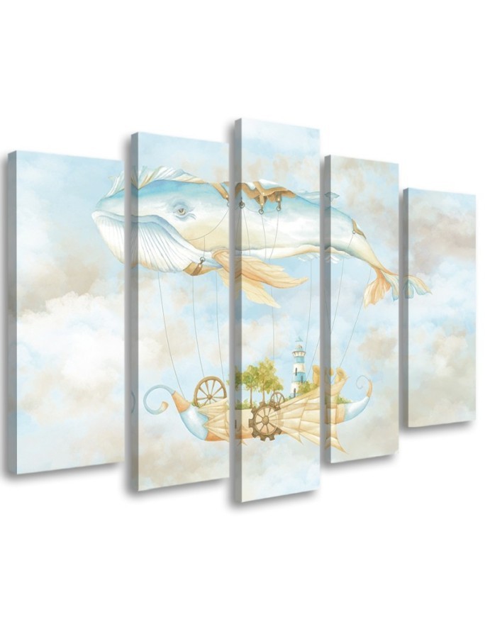 Canvas print for children five-piece - Flying whale and ship | FEEBY