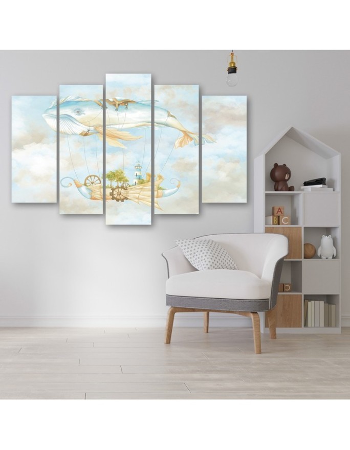 Canvas print for children five-piece - Flying whale and ship | FEEBY