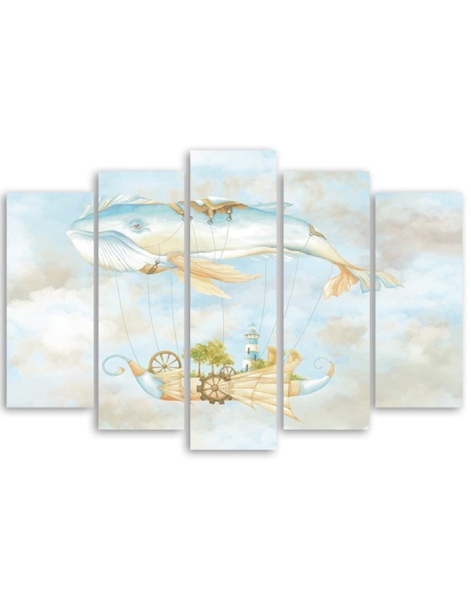 Canvas print for children five-piece - Flying whale and ship | FEEBY