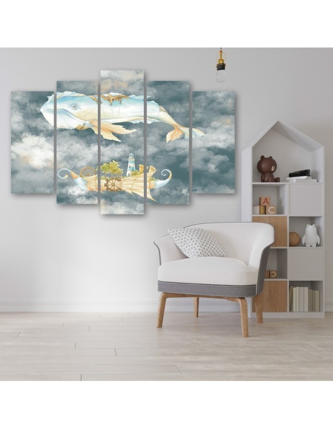 Children's five-piece Canvas painting - Flying whale and ship | FEEBY
