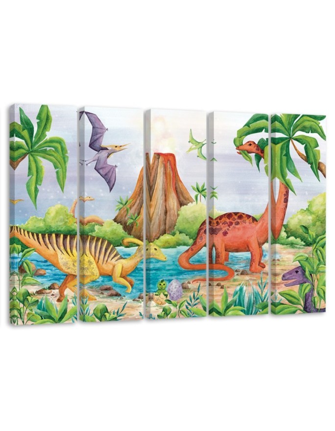 Canvas print for children's room five-piece - Dinosaurs at the lake | FEEBY