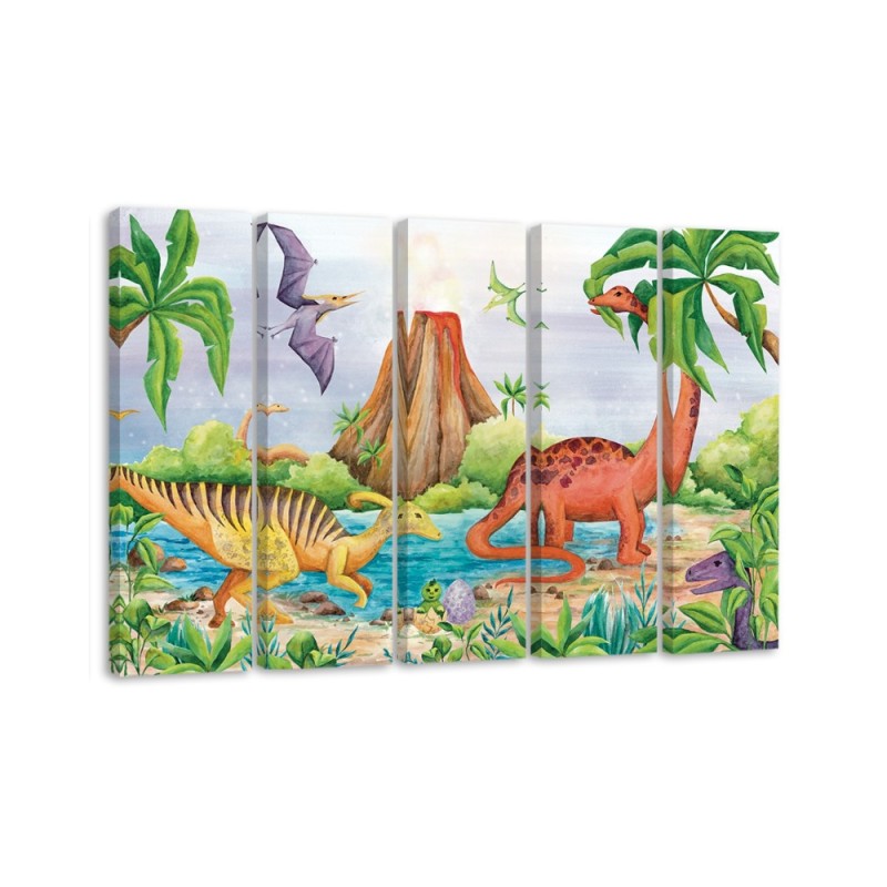 Canvas print for children's room five-piece - Dinosaurs at the lake | FEEBY