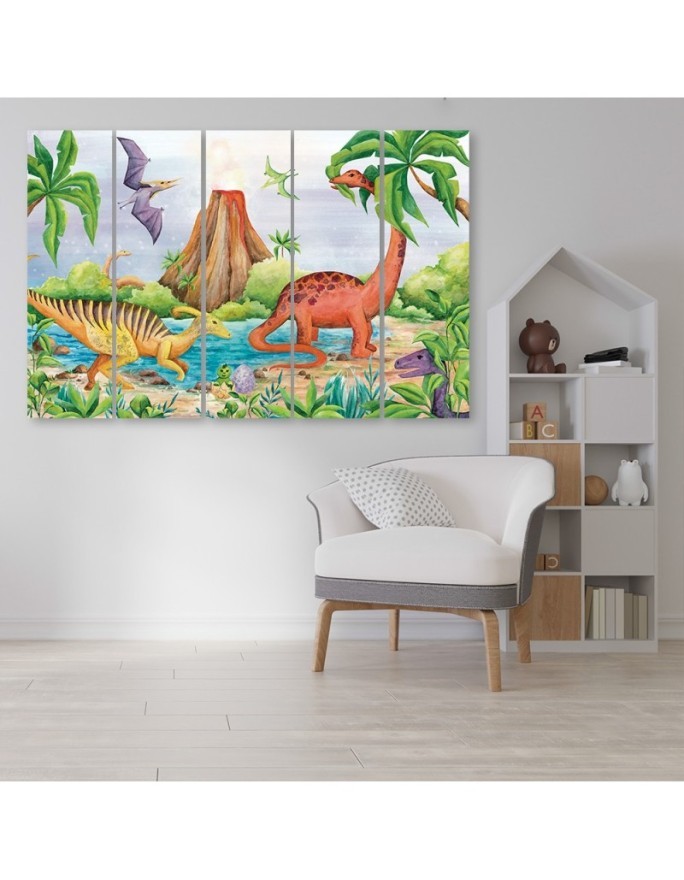 Canvas print for children's room five-piece - Dinosaurs at the lake | FEEBY