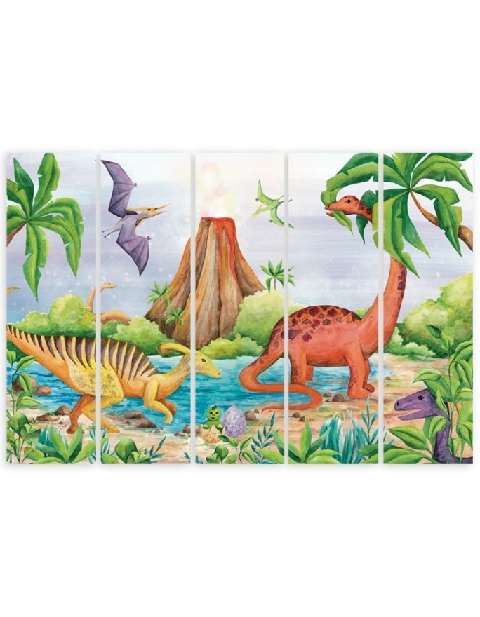 Canvas print for children's room five-piece - Dinosaurs at the lake | FEEBY