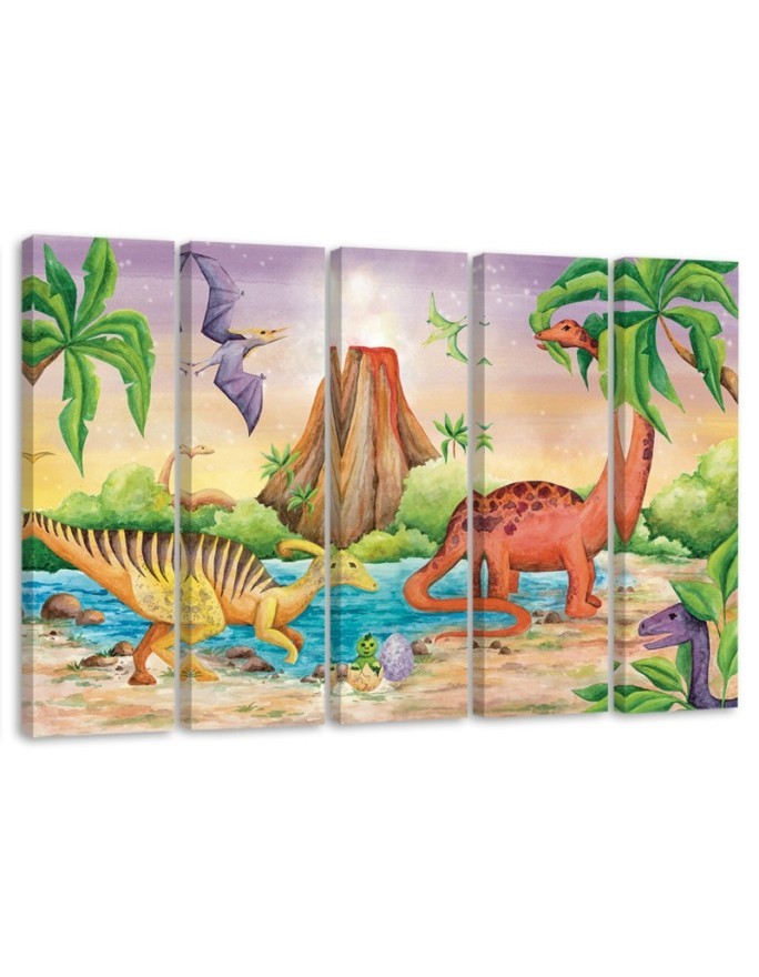 Children's room Canvas painting five-part - Dinosaurs by the lake | FEEBY
