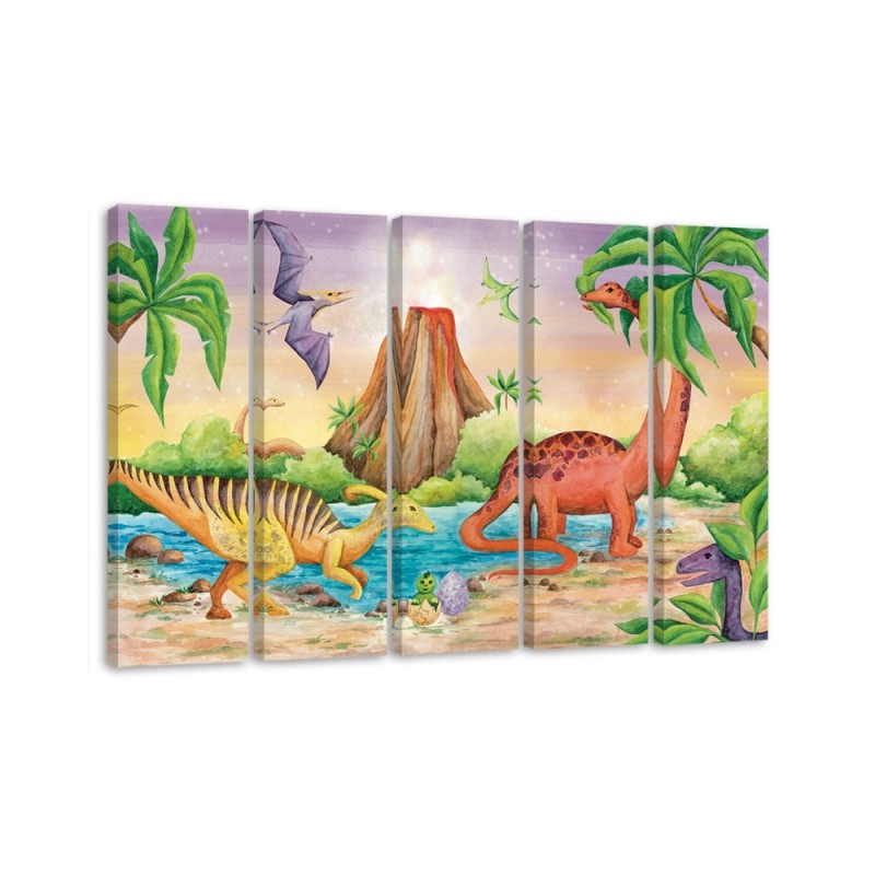 Children's room Canvas painting five-part - Dinosaurs by the lake | FEEBY