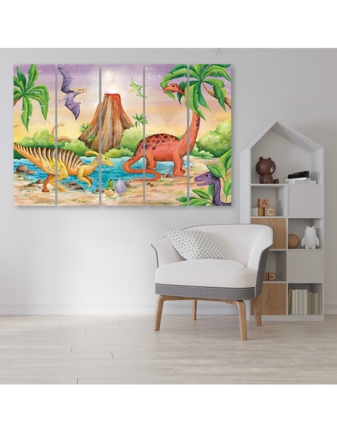 Children's room Canvas painting five-part - Dinosaurs by the lake | FEEBY