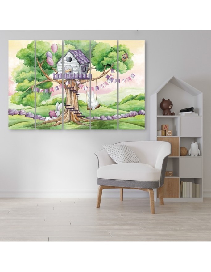 Children's painting 5-piece - White rabbits treehouse | FEEBY