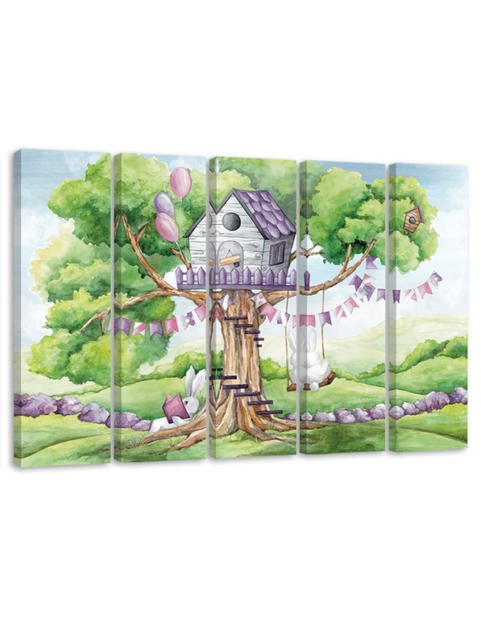 Children's Canvas painting five-part - White rabbits tree hut | FEEBY