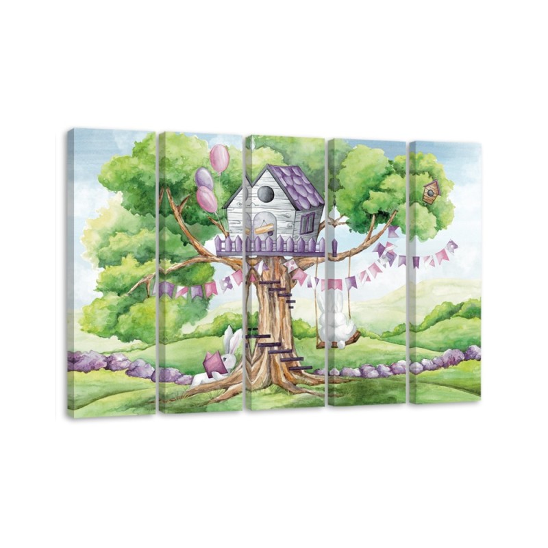 Children's Canvas painting five-part - White rabbits tree hut | FEEBY