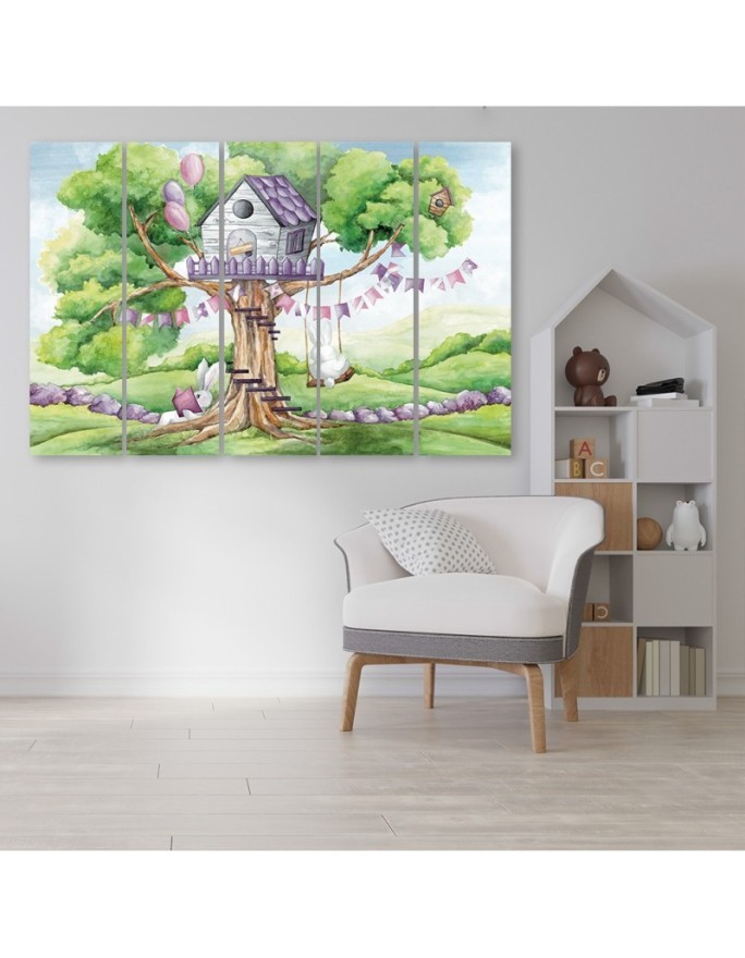 Children's Canvas painting five-part - White rabbits tree hut | FEEBY