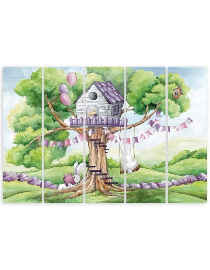 Children's Canvas painting five-part - White rabbits tree hut | FEEBY