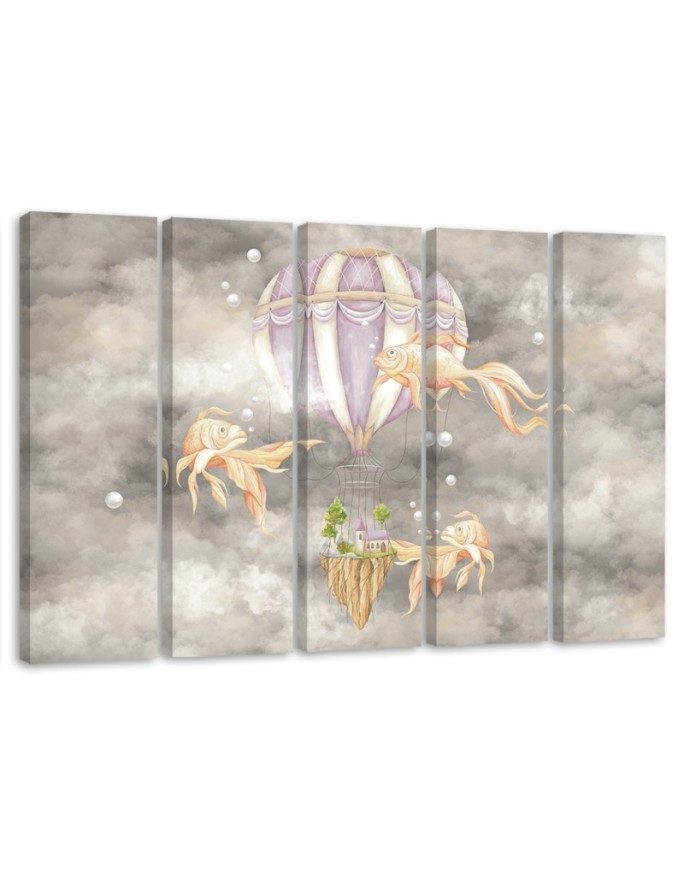 Wall art for children 5 panel - Hot air balloon flying house and fish | FEEBY