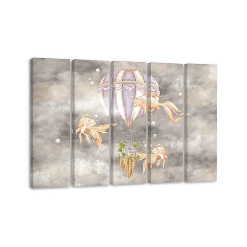 Wall art for children 5 panel - Hot air balloon flying house and fish | FEEBY