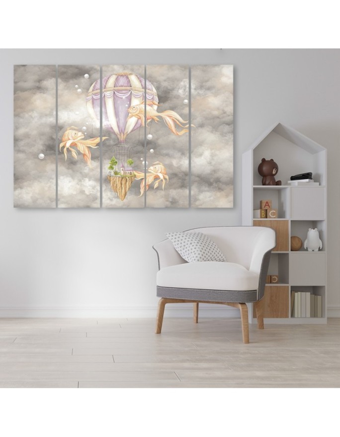 Wall art for children 5 panel - Hot air balloon flying house and fish | FEEBY