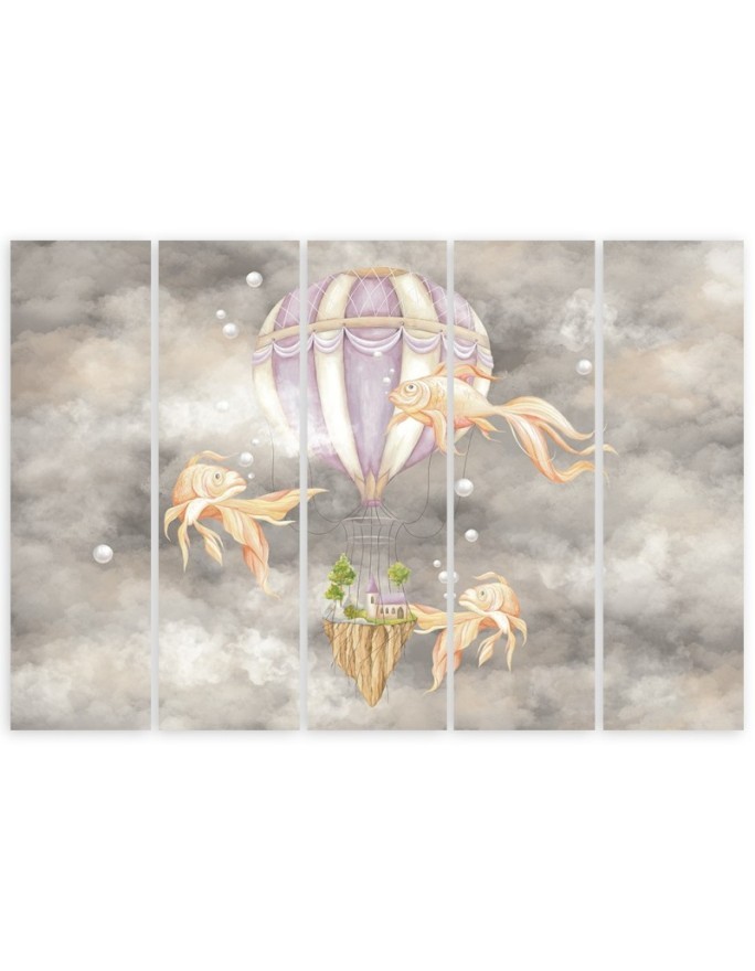 Wall art for children 5 panel - Hot air balloon flying house and fish | FEEBY