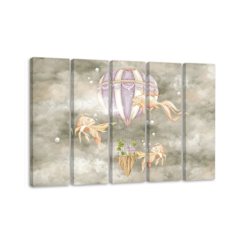Wall art for children 5 panel - Hot air balloon flying house and fish | FEEBY
