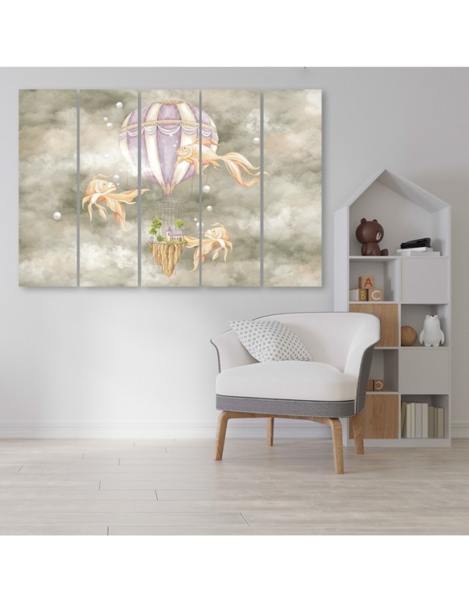 Wall art for children 5 panel - Hot air balloon flying house and fish | FEEBY
