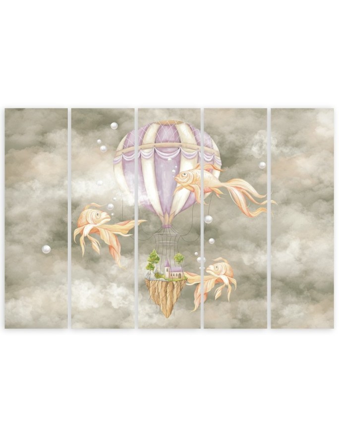 Wall art for children 5 panel - Hot air balloon flying house and fish | FEEBY