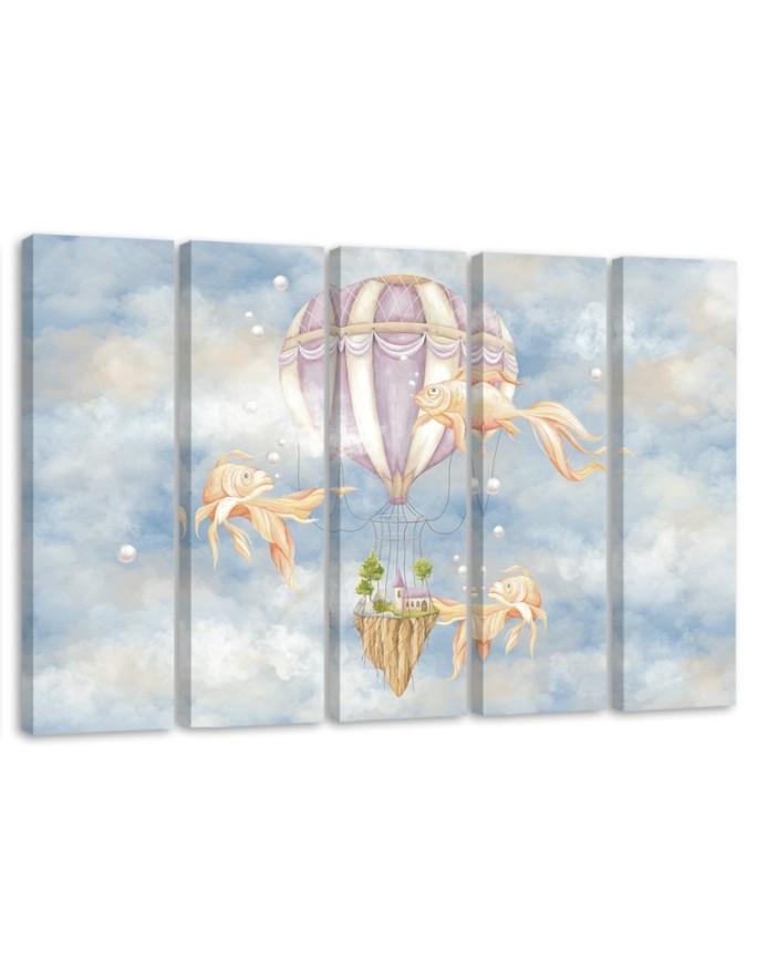 Wall art for children 5 panel - Hot air balloon flying house and fish | FEEBY