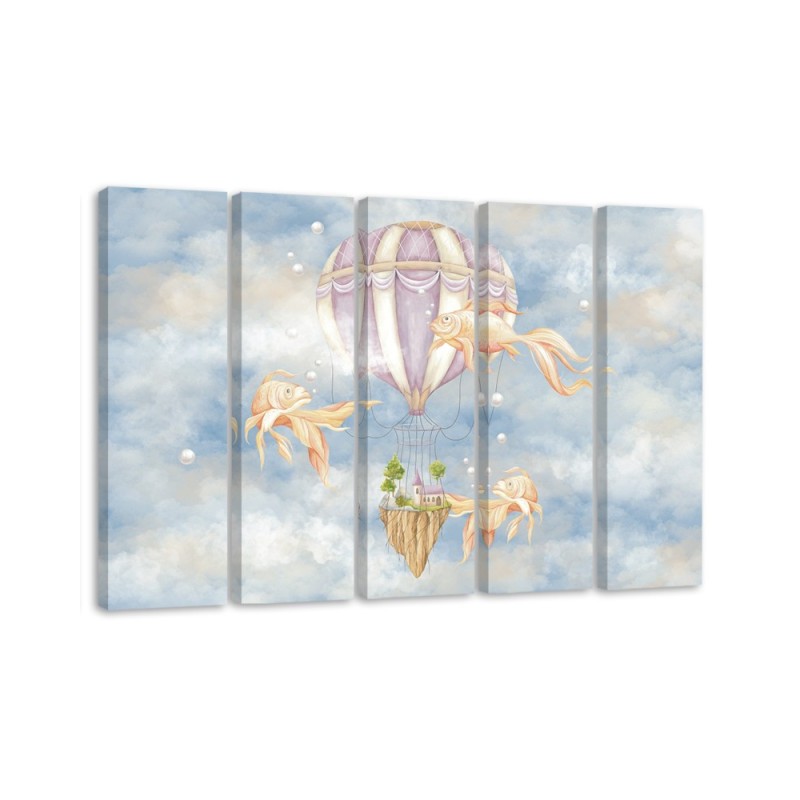 Wall art for children 5 panel - Hot air balloon flying house and fish | FEEBY