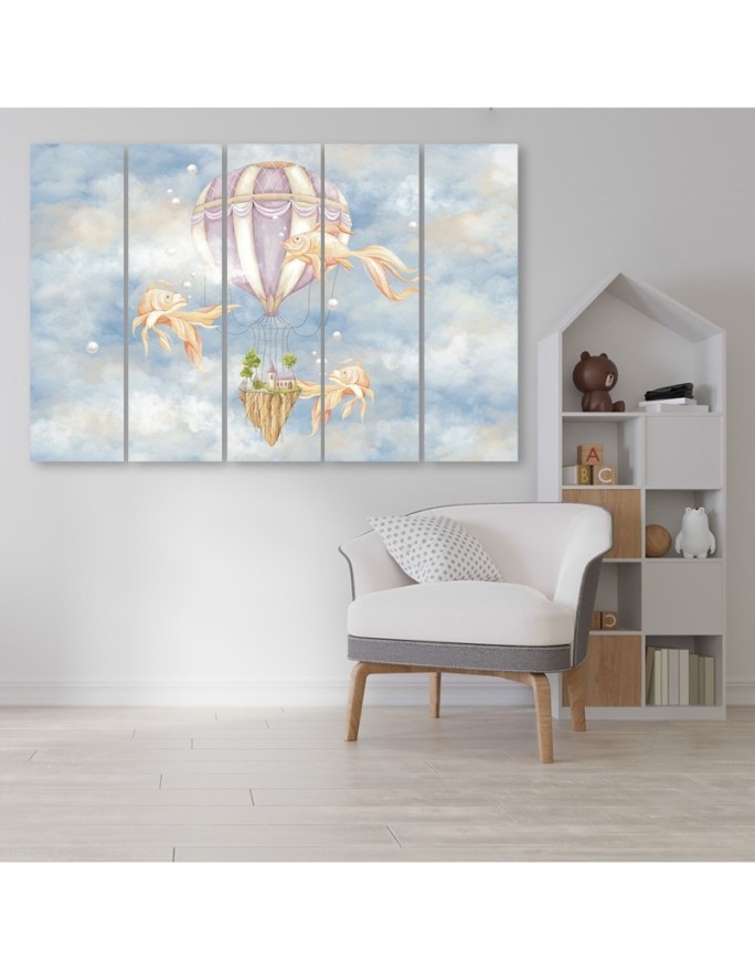 Wall art for children 5 panel - Hot air balloon flying house and fish | FEEBY