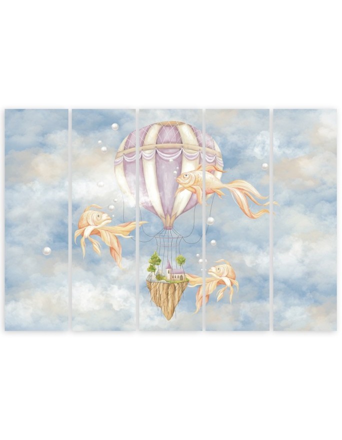 Wall art for children 5 panel - Hot air balloon flying house and fish | FEEBY