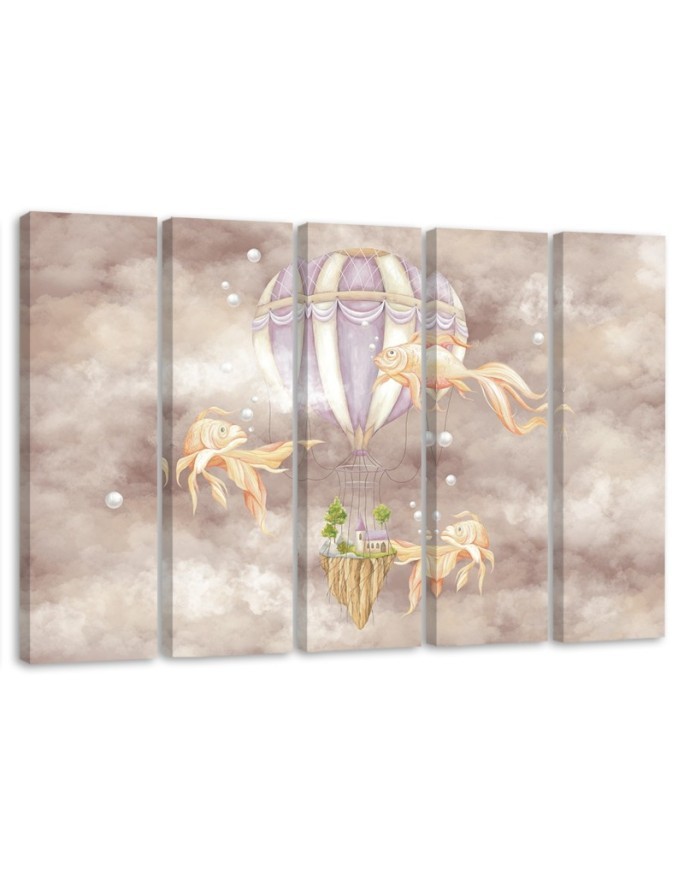 Wall art for children 5 panel - Hot air balloon flying house and fish | FEEBY