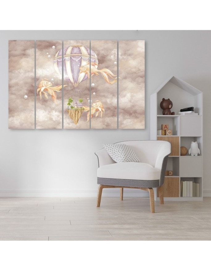 Wall art for children 5 panel - Hot air balloon flying house and fish | FEEBY