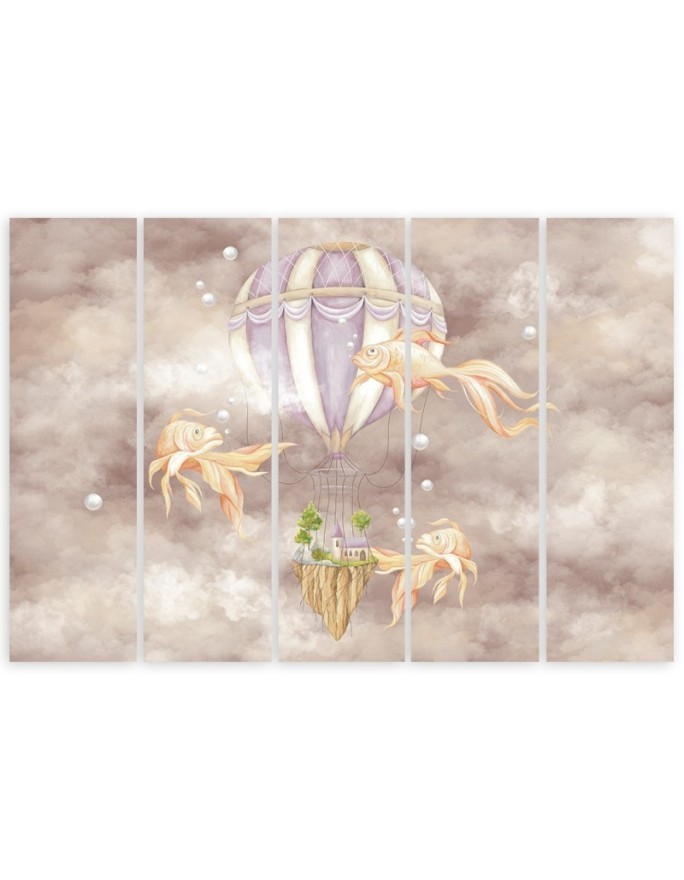 Wall art for children 5 panel - Hot air balloon flying house and fish | FEEBY