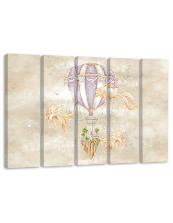 Canvas prints children 5-parts - Hot air balloon flying house and fish | FEEBY