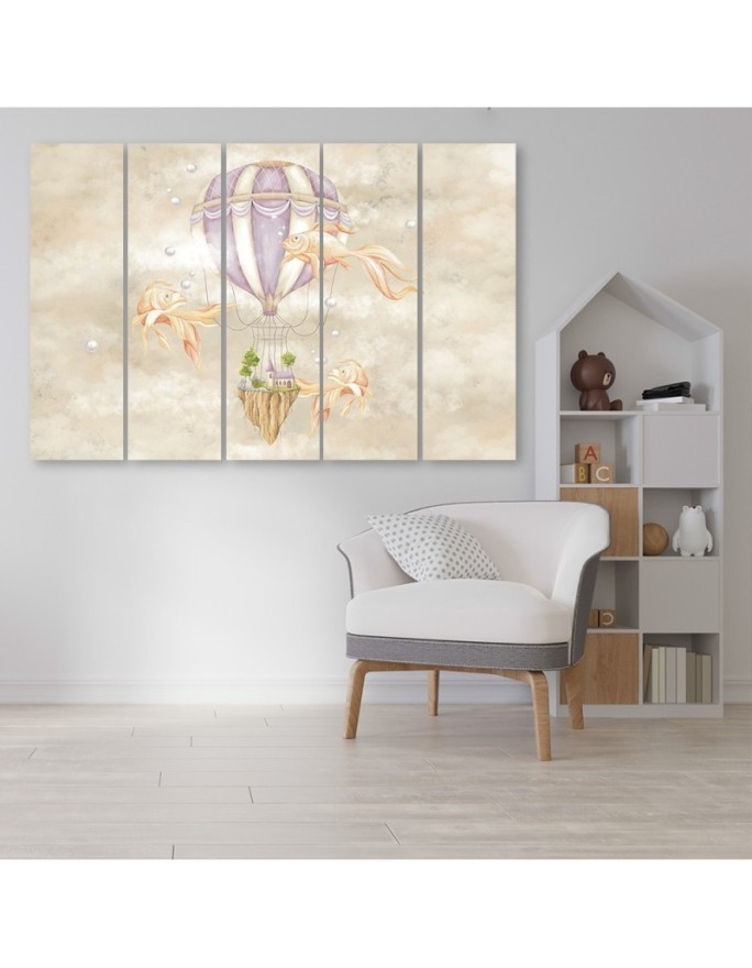 Canvas prints children 5-parts - Hot air balloon flying house and fish | FEEBY