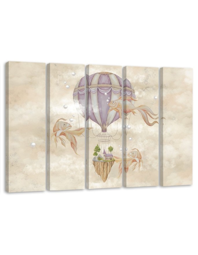 Canvas prints children 5-parts - Hot air balloon flying house and fish | FEEBY