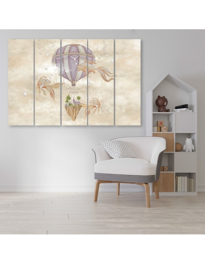 Canvas prints children 5-parts - Hot air balloon flying house and fish | FEEBY