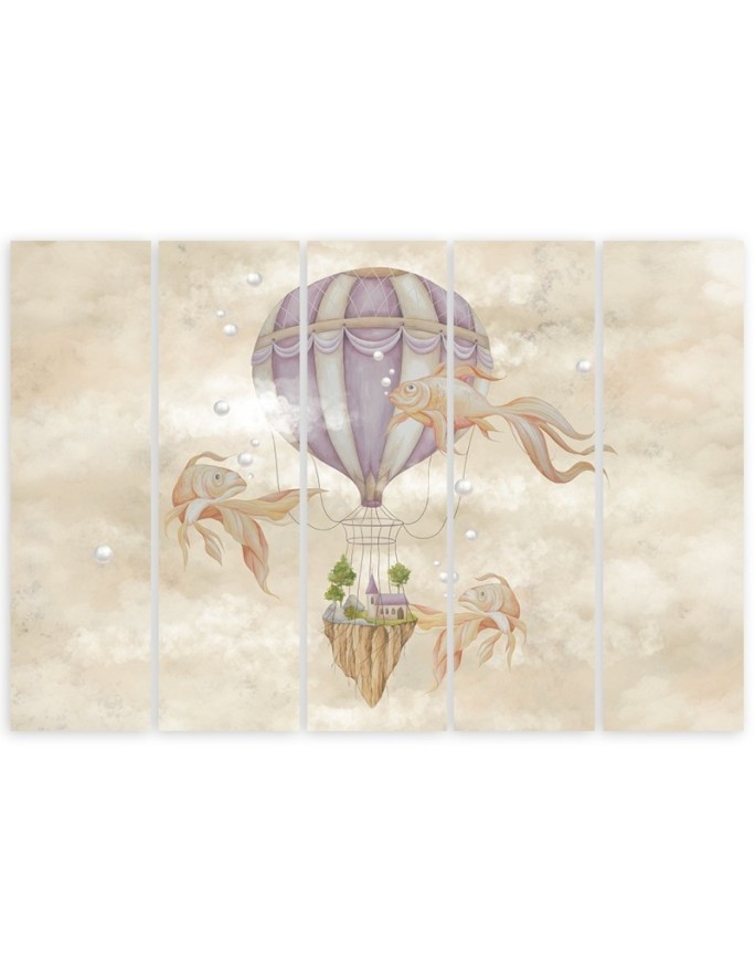 Canvas prints children 5-parts - Hot air balloon flying house and fish | FEEBY