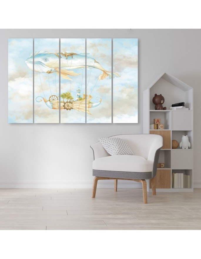 Canvas print for children five-piece - Flying whale and ship | FEEBY