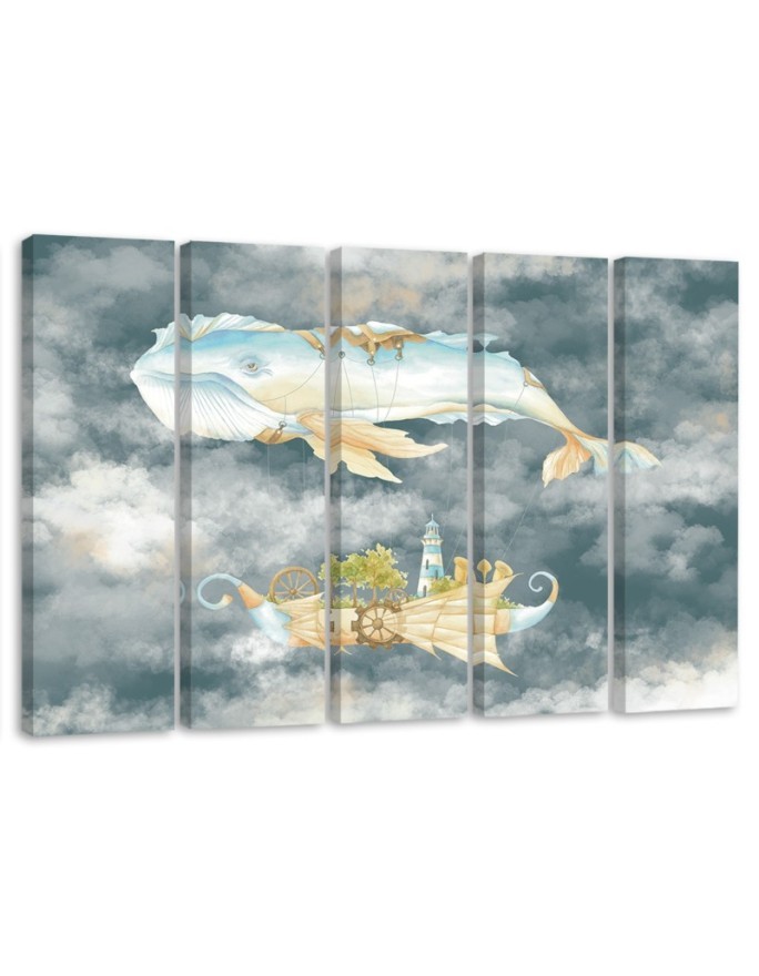 Canvas print for children five-piece - Flying whale and ship | FEEBY